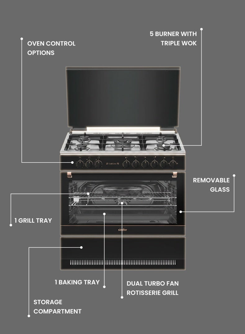 Simfer Gas Cooker 90x60 cm | 102L Oven Capacity | 5 Burner with Triple Wok | Dual Turbo Fan Rotisserie Grill | Auto Ignition FFD | Stainless Steel | Model SMF9069GCH-GL Gold Line - Image 3