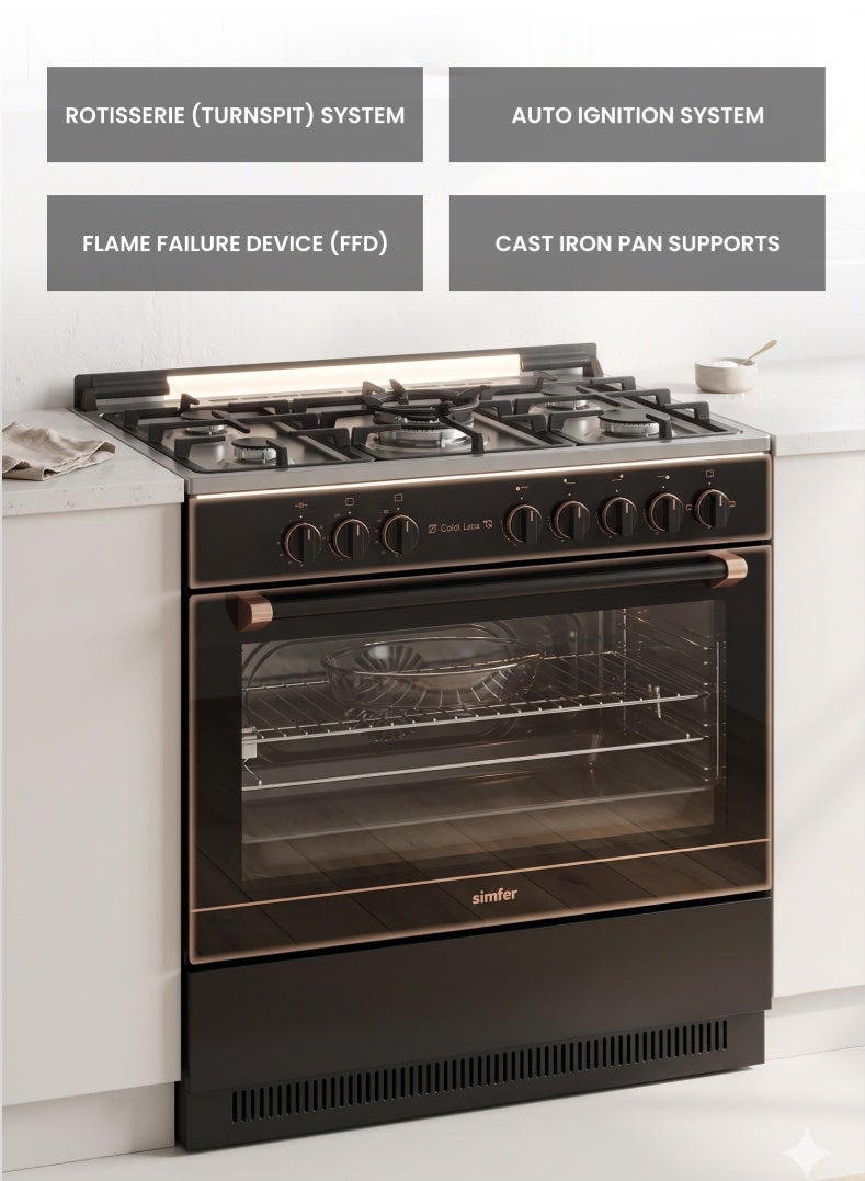 Simfer Gas Cooker 90x60 cm | 102L Oven Capacity | 5 Burner with Triple Wok | Dual Turbo Fan Rotisserie Grill | Auto Ignition FFD | Stainless Steel | Model SMF9069GCH-GL Gold Line - Image 4