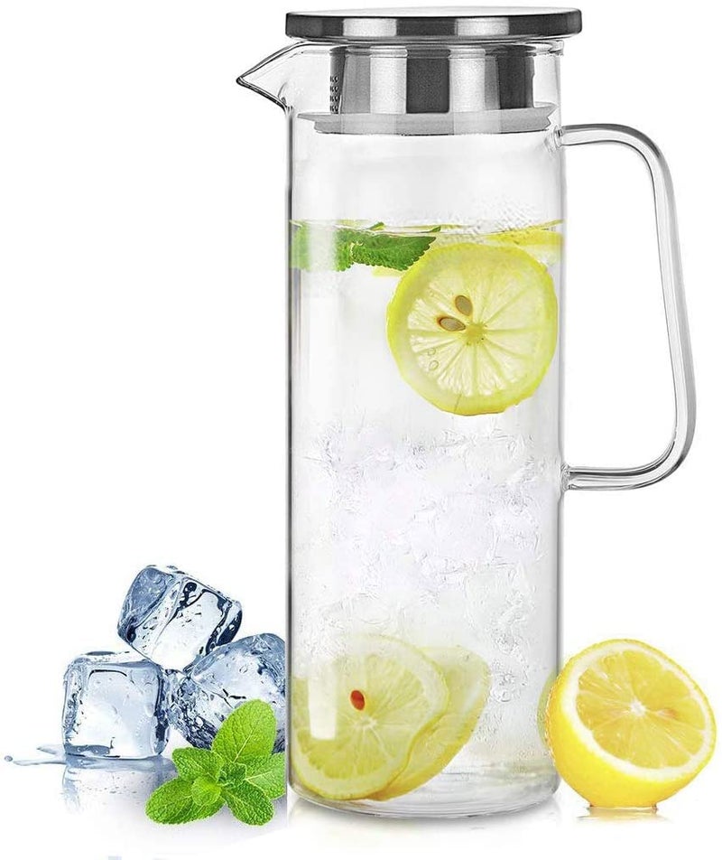 HwaGui Glass Pitcher with Lid, 34 Oz Heat Resistant Glass Water Carafe with Handle for Fridge, Small Pitcher for Iced Tea, Milk, Hot and Cold Beverage, Glass Juice Jug 1000ML/34oz 1l - Image 1