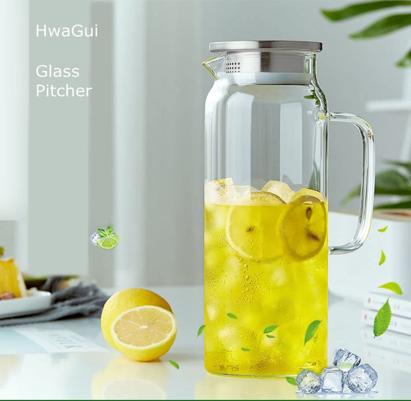 HwaGui Glass Pitcher with Lid, 34 Oz Heat Resistant Glass Water Carafe with Handle for Fridge, Small Pitcher for Iced Tea, Milk, Hot and Cold Beverage, Glass Juice Jug 1000ML/34oz 1l - Image 2