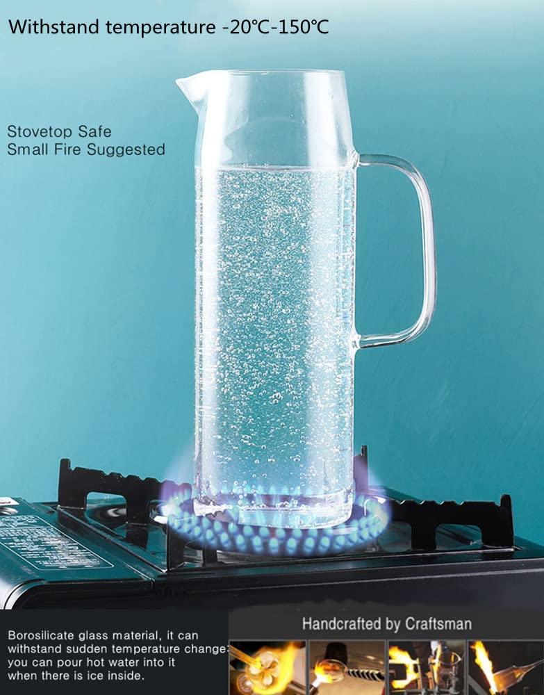 HwaGui Glass Pitcher with Lid, 34 Oz Heat Resistant Glass Water Carafe with Handle for Fridge, Small Pitcher for Iced Tea, Milk, Hot and Cold Beverage, Glass Juice Jug 1000ML/34oz 1l - Image 3