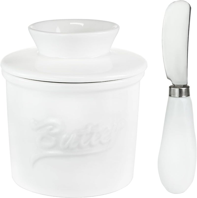 MSJGA Ceramic Butter Crock with Lid & Spreader Knife, Butter Keeper - Ideal Butter Storage & Countertop Butter Dish, White - Image 1