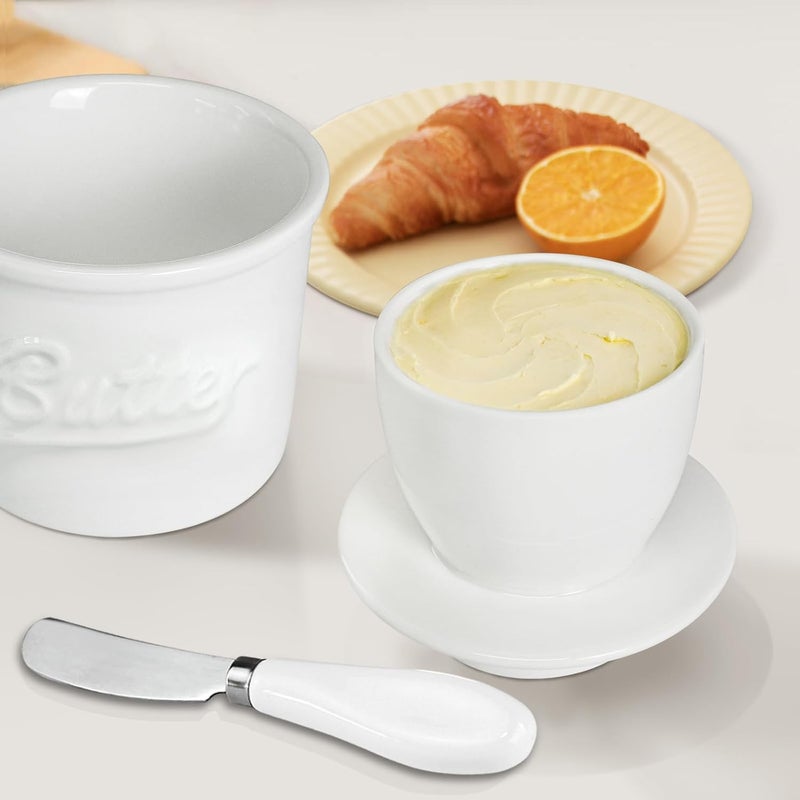 MSJGA Ceramic Butter Crock with Lid & Spreader Knife, Butter Keeper - Ideal Butter Storage & Countertop Butter Dish, White - Image 2