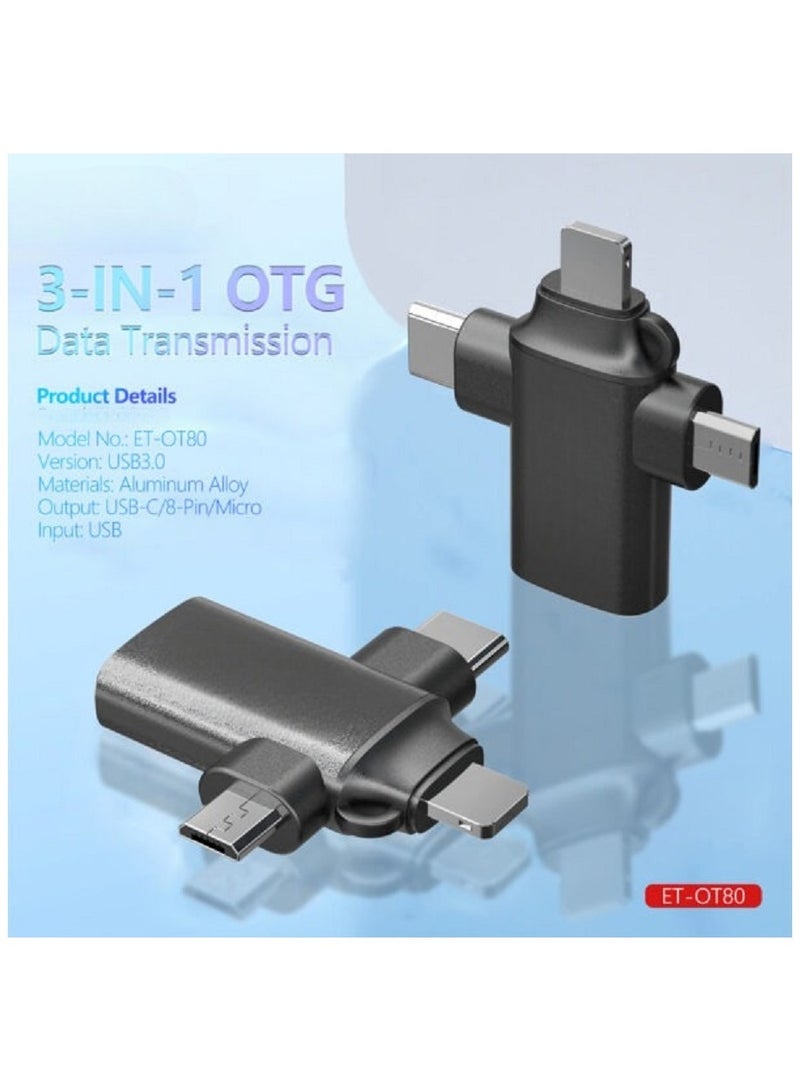 Revolutionize Your Connectivity: 3-in-1 USB 3.0 OTG Converter – MicroUSB, Lightning, USB-C in Sleek Black for Lightning-Fast Data Transmission - Image 1