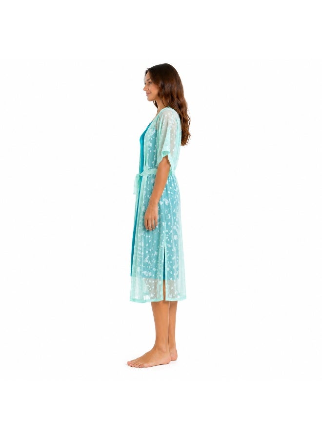 ZECOTEX Premium 2-Piece Loungewear Set - Cotton Midi Nightgown & Printed Chiffon Kimono Robe with Belt - Teal Blue & Mint Green - Women's Sleepwear M to XL - Image 2