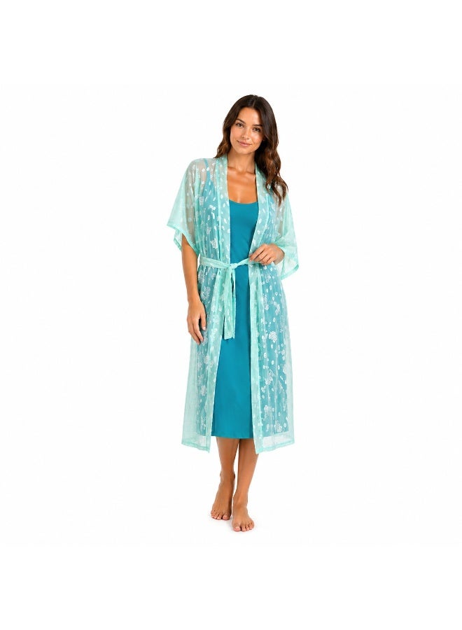 ZECOTEX Premium 2-Piece Loungewear Set - Cotton Midi Nightgown & Printed Chiffon Kimono Robe with Belt - Teal Blue & Mint Green - Women's Sleepwear M to XL - Image 1
