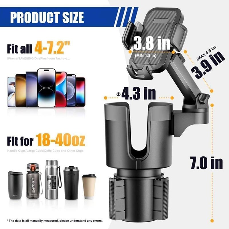 7JI 2 in 1 Phone Holder Cup Holder for Car with 360°Rotation & Long Arm Cup Holder Cell Phone Holder for Car Compatible with 4-7 inches Smartphones, Adjustable Height - Image 4
