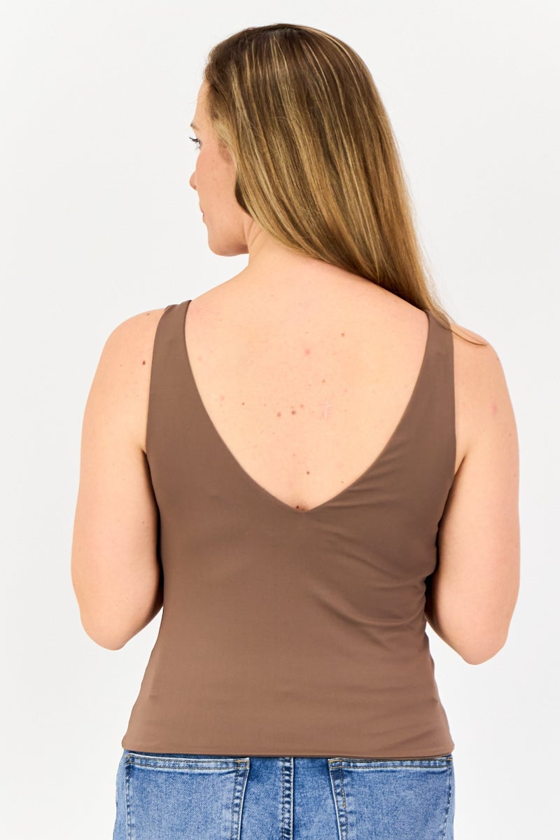 bebe Women V Neck Sleeveless Solid Tank Top, Brown  - Image 2