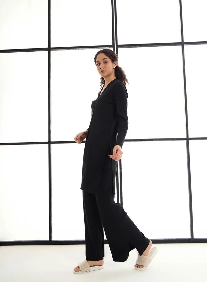 SASSAFRAS Ribbed Button Placket Shrug & Wide Leg Pants Co-Ords by Styli