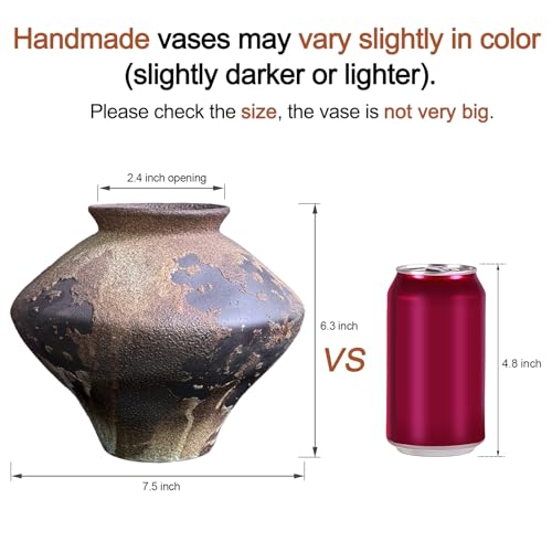 GeLive Rustic Brown Textured Ceramic Vase, 6.3-Inch Bulbous Wabi Sabi Boho Farmhouse Pottery, Distressed Vintage Accent Centerpiece for Dried & Fresh Flowers, Living Room Bedroom Office Home Decor - Image 4
