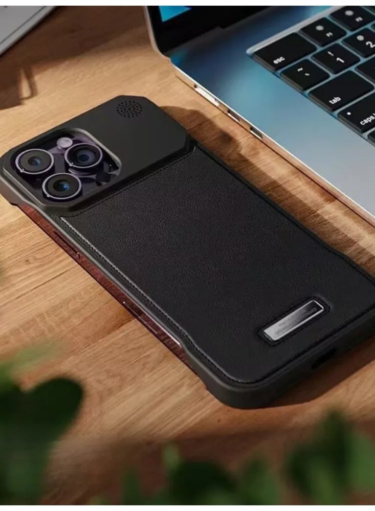 حقيبة هاتف رجالية بملمس الجلد الفاخر، غطاء واقي مضاد للصدمات بإطار معدني لـ iPhone 17 Pro Max - Image 2