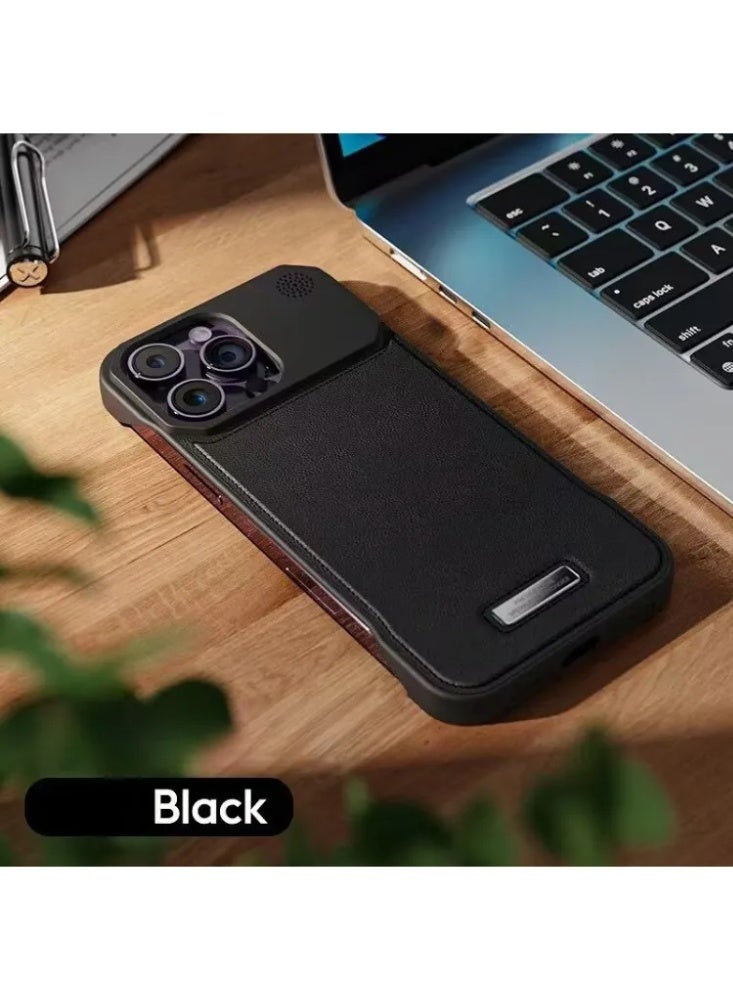 حقيبة هاتف رجالية بملمس الجلد الفاخر، غطاء واقي مضاد للصدمات بإطار معدني لـ iPhone 17 Pro Max - Image 1