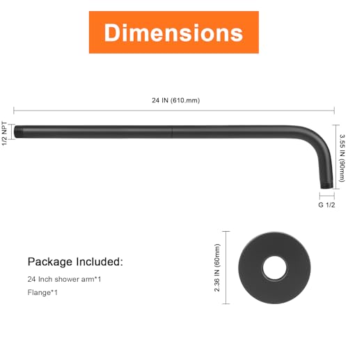 HarJue Shower Arm with Flange and Teflon Tape Wall Mounted Shower Pipe 304 Stainless Steel Extension Arm for Fixed Shower Head Handheld 24 Inch Matte Black - Image 3