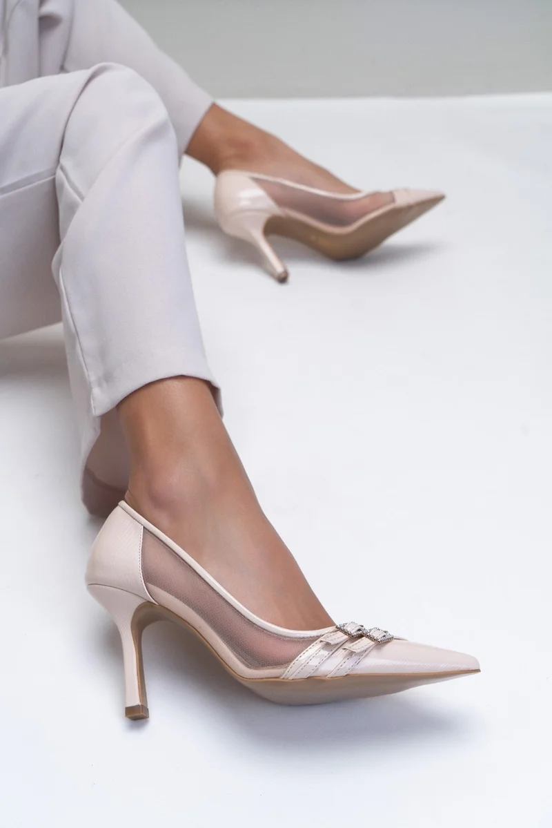 نيشانتاشي شوز Miracle Beige Patterned Double Buckle Detail Women's Thin Heeled Shoes