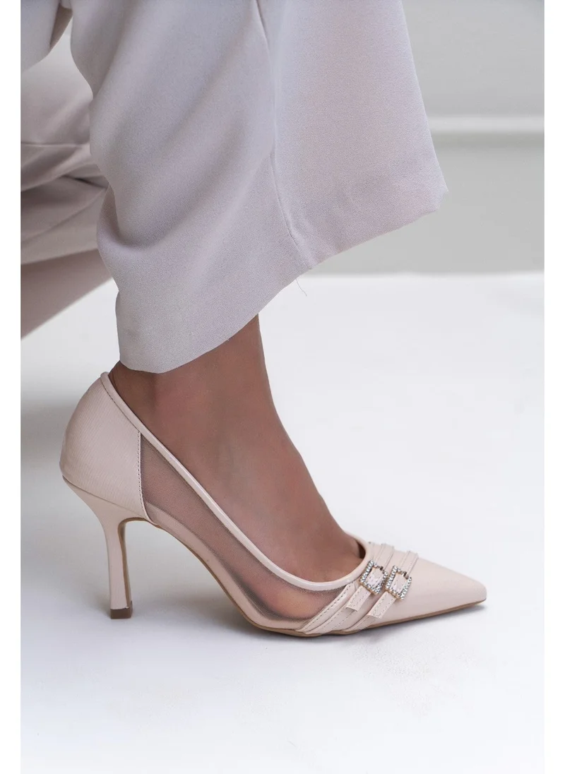 نيشانتاشي شوز Miracle Beige Patterned Double Buckle Detail Women's Thin Heeled Shoes