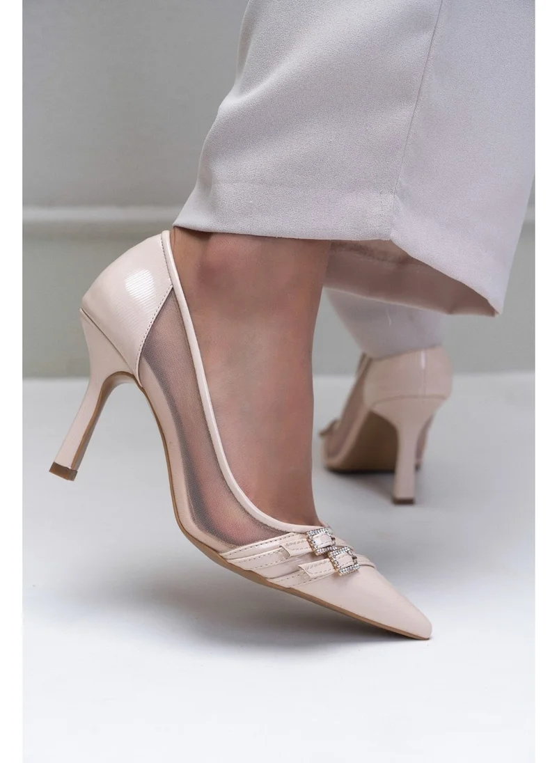 نيشانتاشي شوز Miracle Beige Patterned Double Buckle Detail Women's Thin Heeled Shoes