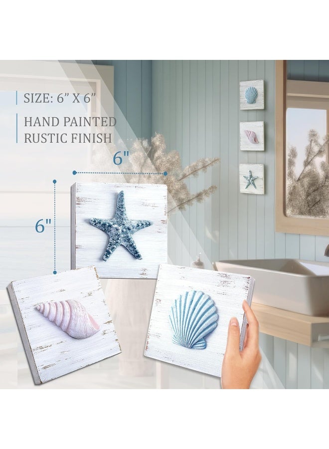 Tide and Tales TideAndTales 3D Beach Wall Art - Seashell with Starfish for Coastal Bathroom Decor, Ocean Inspired Decor for Bathroom, Coastal Bedroom, Living Room or Beach House, Set of 3 (6”x 6”) - Image 2