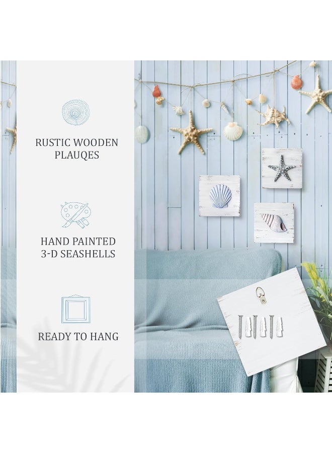 Tide and Tales TideAndTales 3D Beach Wall Art - Seashell with Starfish for Coastal Bathroom Decor, Ocean Inspired Decor for Bathroom, Coastal Bedroom, Living Room or Beach House, Set of 3 (6”x 6”) - Image 3