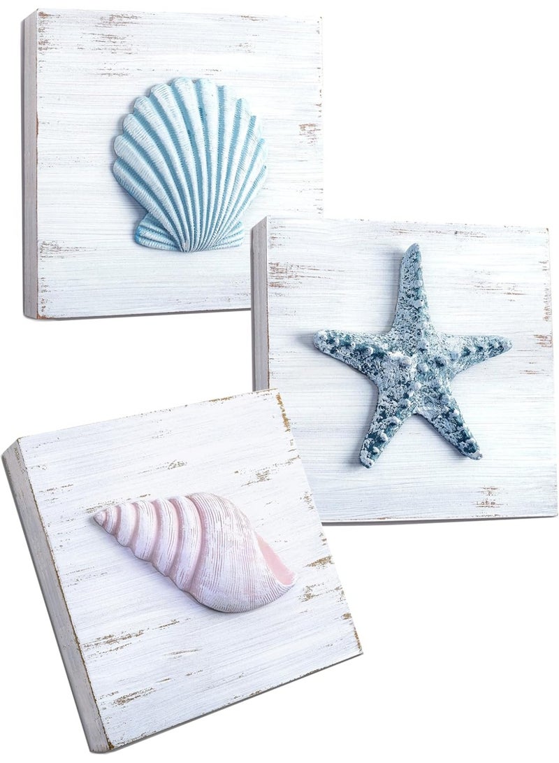 Tide and Tales TideAndTales 3D Beach Wall Art - Seashell with Starfish for Coastal Bathroom Decor, Ocean Inspired Decor for Bathroom, Coastal Bedroom, Living Room or Beach House, Set of 3 (6”x 6”) - Image 1
