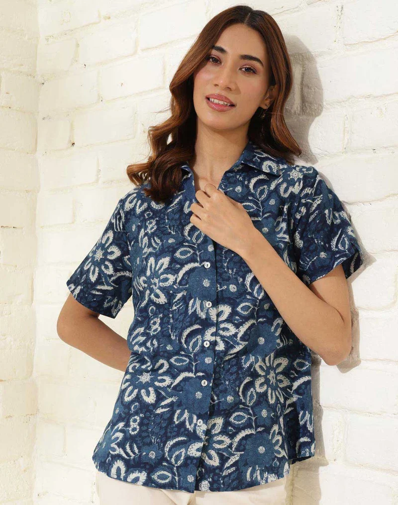 فاب انديا قميص قطني مطبوع باللون النيلي