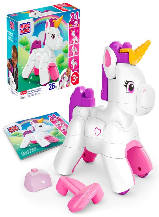 MEGA BLOKS Toddler Block Toys Set, 3 in 1 Build & Enchant Unicorn with 26 Pieces, Puppy and Pegasus Rebuild, Kids Ages 3+ Years - Image 1