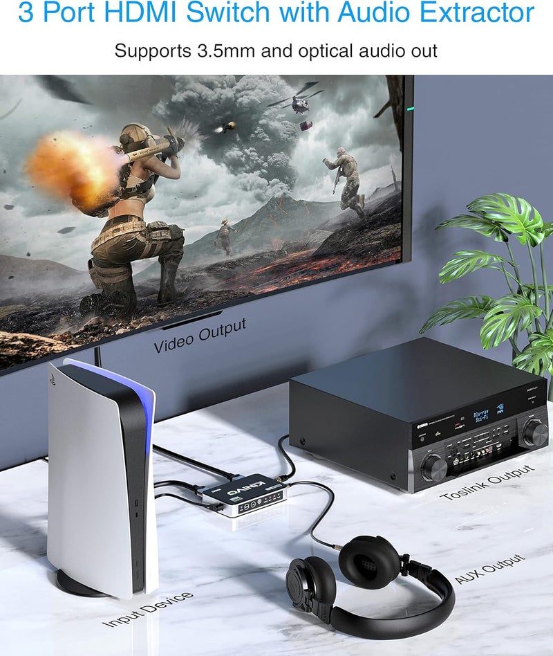 Kinivo HDMI Switch with Audio Extractor 360BNT (3 in one out, Toslink Optical Audio Port, SPDIF, 4K 60Hz, High Speed 18Gbps, IR Remote) - Compatible with Roku, PS5, Xbox, Apple TV, Dolby Digital/Atmos - Image 2