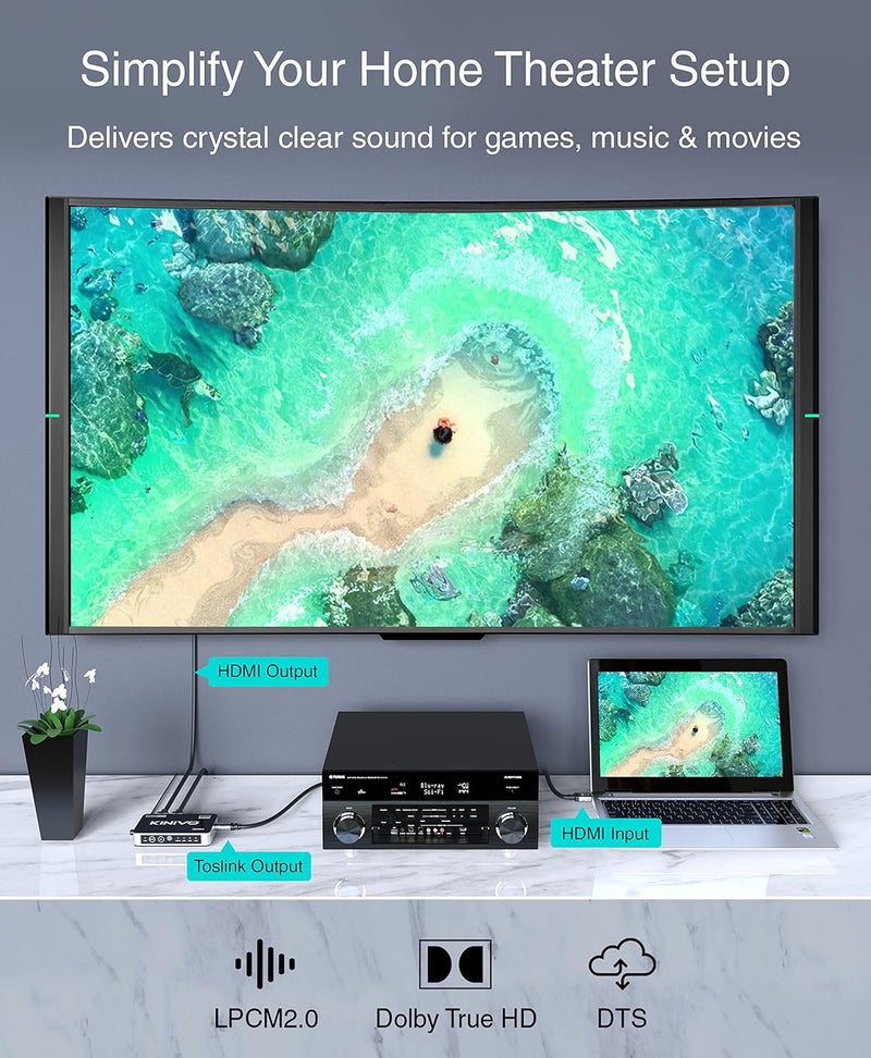 Kinivo HDMI Switch with Audio Extractor 360BNT (3 in one out, Toslink Optical Audio Port, SPDIF, 4K 60Hz, High Speed 18Gbps, IR Remote) - Compatible with Roku, PS5, Xbox, Apple TV, Dolby Digital/Atmos - Image 4