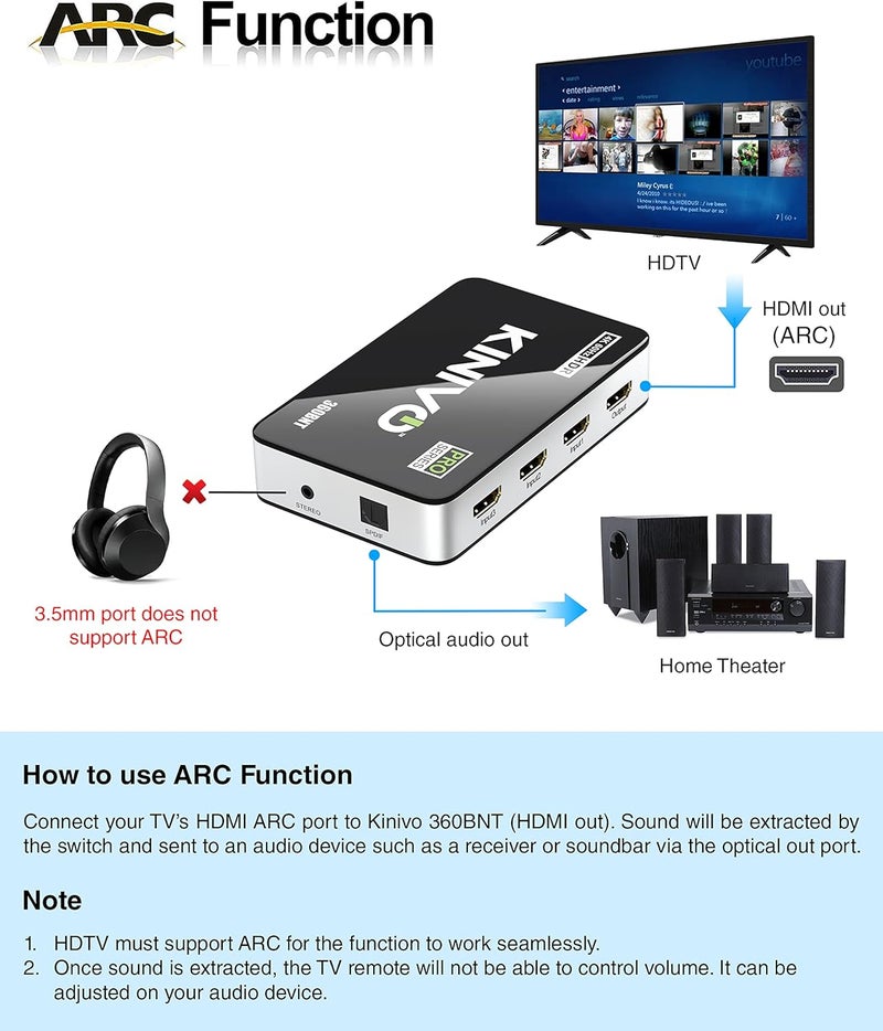 Kinivo HDMI Switch with Audio Extractor 360BNT (3 in one out, Toslink Optical Audio Port, SPDIF, 4K 60Hz, High Speed 18Gbps, IR Remote) - Compatible with Roku, PS5, Xbox, Apple TV, Dolby Digital/Atmos - Image 5