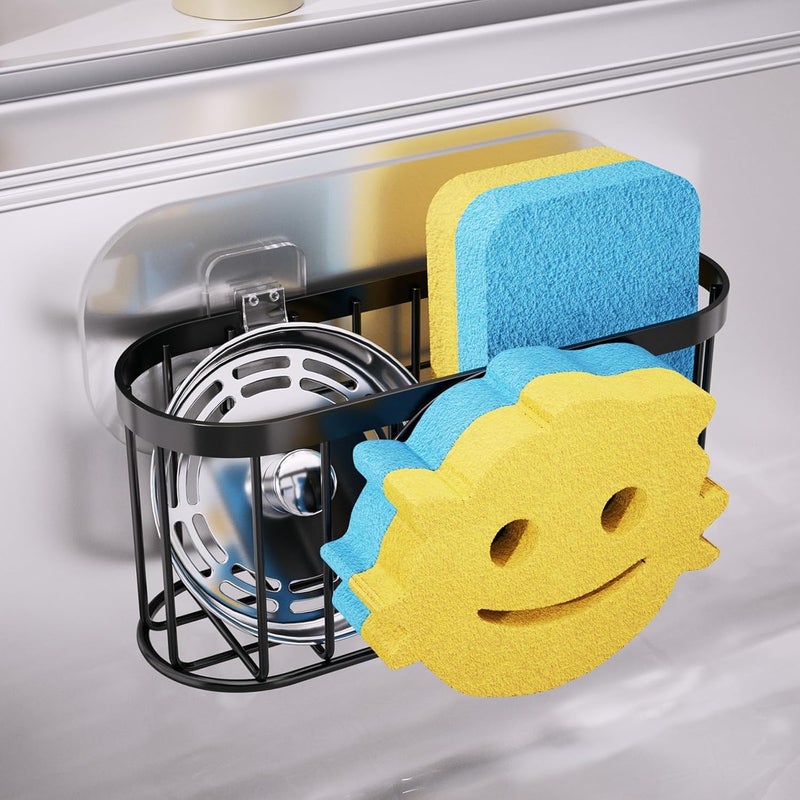 Consumest Sponge Holder, Smiley Face Kitchen Sink Caddy, Sink Organizer with Removable Suction Cups & Adhesive Strips, Suit for Sponge, Soap, Scrubber, Black - Image 1
