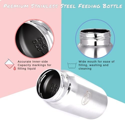 Maru Steel Printed 3-in-1 Baby Feeding Bottle 240ml (Pink) – Includes Nipple, Sipper Straw, Travel Lid & Cleaning Brush – Perfect for 3+ Month Babies, Versatile, Safe & Travel-Friendly - Image 3