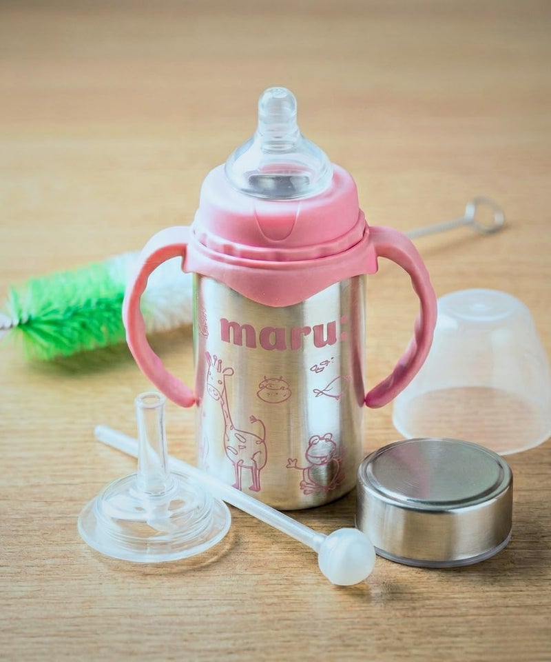 Maru Steel Printed 3-in-1 Baby Feeding Bottle 240ml (Pink) – Includes Nipple, Sipper Straw, Travel Lid & Cleaning Brush – Perfect for 3+ Month Babies, Versatile, Safe & Travel-Friendly - Image 1