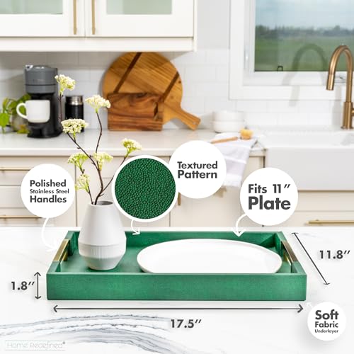 Home Redefined Modern Elegant 17.5"x12" Rectangle Emerald Green Shagreen Faux Leather Decorative Tray Ottoman Coffee Table Perfume Living Room Kitchen Serving Tray with Gold Polished Metal Handles for All Occasion's - Image 3