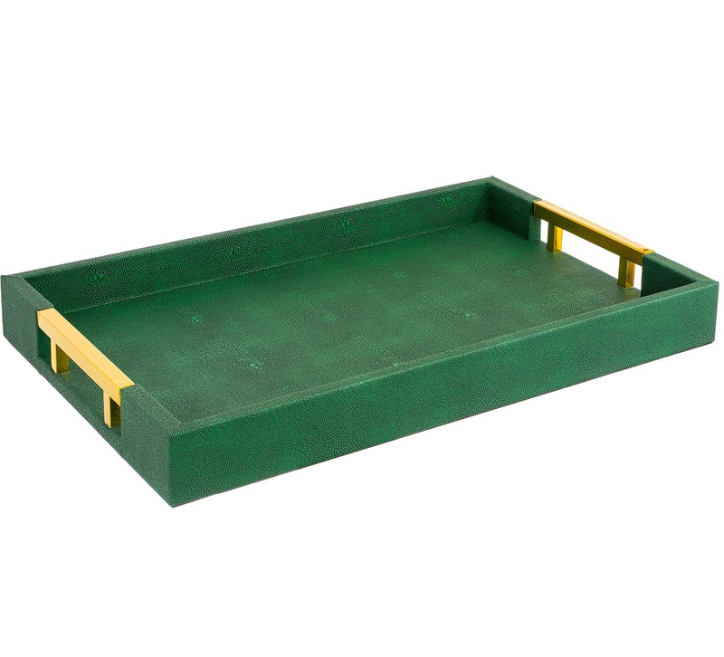 Home Redefined Modern Elegant 17.5"x12" Rectangle Emerald Green Shagreen Faux Leather Decorative Tray Ottoman Coffee Table Perfume Living Room Kitchen Serving Tray with Gold Polished Metal Handles for All Occasion's - Image 1