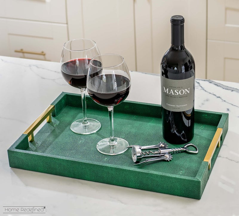 Home Redefined Modern Elegant 17.5"x12" Rectangle Emerald Green Shagreen Faux Leather Decorative Tray Ottoman Coffee Table Perfume Living Room Kitchen Serving Tray with Gold Polished Metal Handles for All Occasion's - Image 2