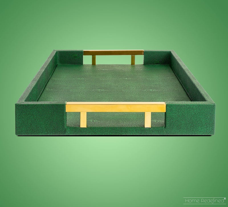 Home Redefined Modern Elegant 17.5"x12" Rectangle Emerald Green Shagreen Faux Leather Decorative Tray Ottoman Coffee Table Perfume Living Room Kitchen Serving Tray with Gold Polished Metal Handles for All Occasion's - Image 4