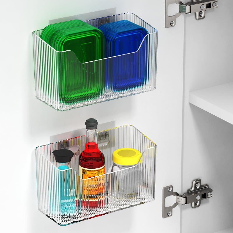 KZLCAKK 2 Pack Cabinet Door Organizer, Inside Cabinet Door Storage, Shower Caddy Stackable Clear Plastic Makeup Organizer Adhesive Hanging Bin for Kitchen Cabinets, Bathroom, Pantry, Office - Image 1