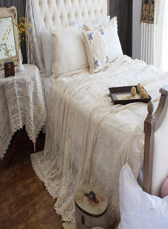 ABREEZE Vintage Cotton Bedding Set Hand Crochet Bedspread Hook Floral Beige Lace Bed Spread with Pillowcases 3Pcs,King - Image 1