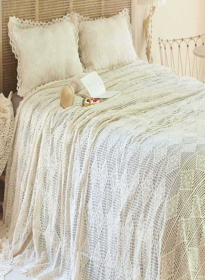ABREEZE Vintage Cotton Bedding Set Hand Crochet Bedspread Hook Floral Beige Lace Bed Spread with Pillowcases 3Pcs,King - Image 2