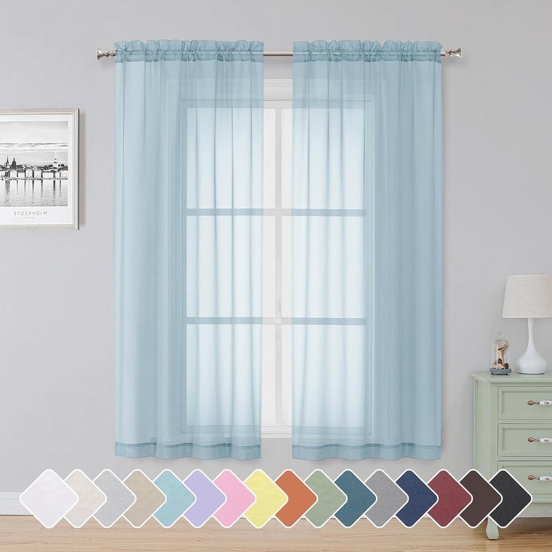 SimpleBrand Sky Blue Sheer Curtains 63 Inch Length 2 Panels, Rod Pocket Solid Color Window Sheer Curtain Panels, Elegant Curtains & Drapes for Living Room, Bedroom 2 Panels (42" W x 63" L) - Image 1