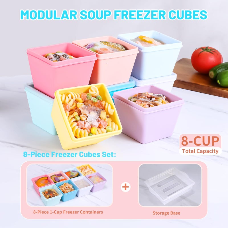 Gemice BPA-Free Silicone Freezer Molds with Base, Individual 8-Pack 1-Cup Portion Soup Cubes Freezer Tray with Lids for Food Storage, Oven & Dishwasher Safe, Silicone Freezer Containers for Meal Prep - Image 2
