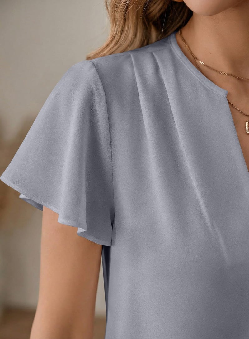 EVALESS Business Casual Tops for Women Summer Ruffle Short Sleeve Pleated V Neck Work Tops Dressy 2026 Gray L - Image 4