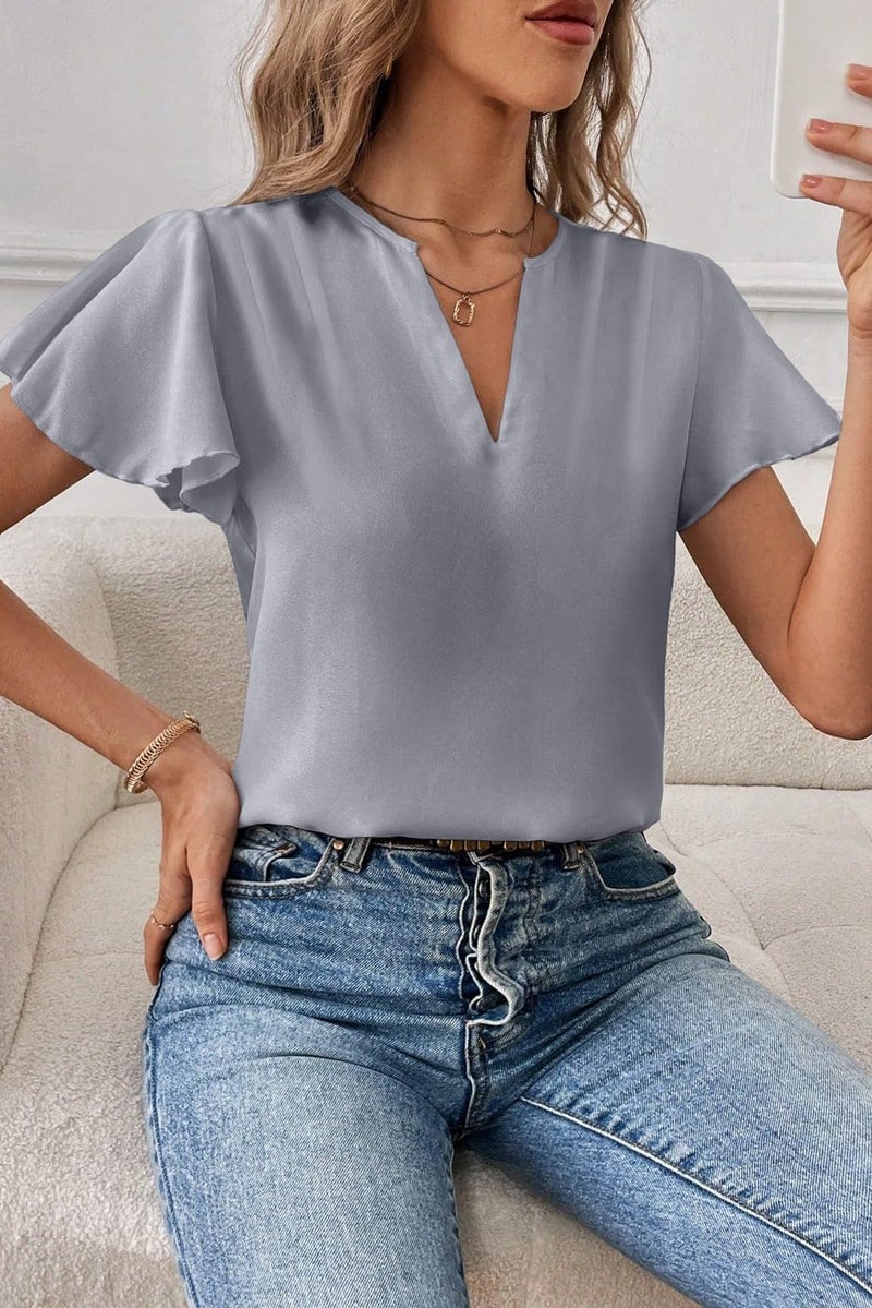 EVALESS Business Casual Tops for Women Summer Ruffle Short Sleeve Pleated V Neck Work Tops Dressy 2026 Gray L - Image 2