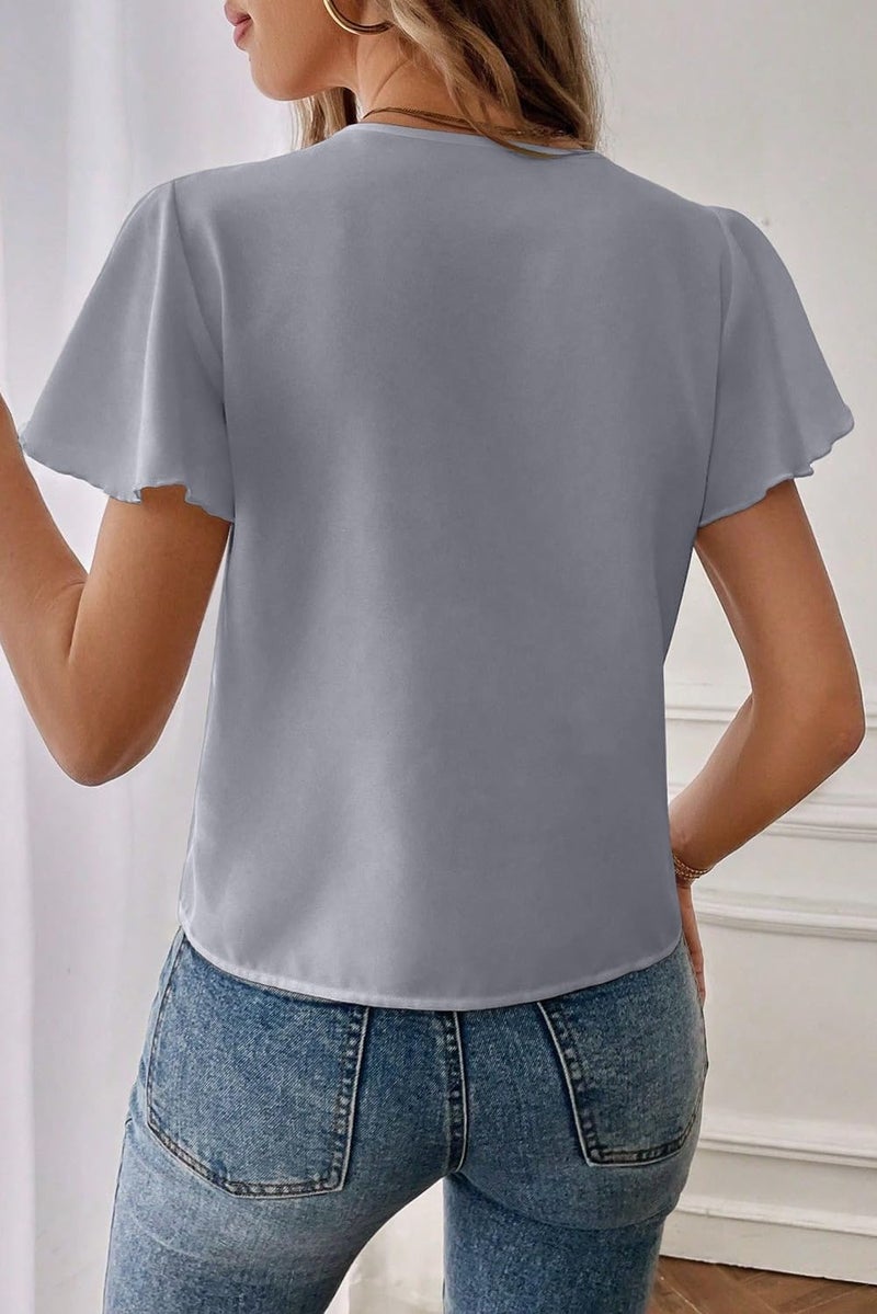 EVALESS Business Casual Tops for Women Summer Ruffle Short Sleeve Pleated V Neck Work Tops Dressy 2026 Gray L - Image 3