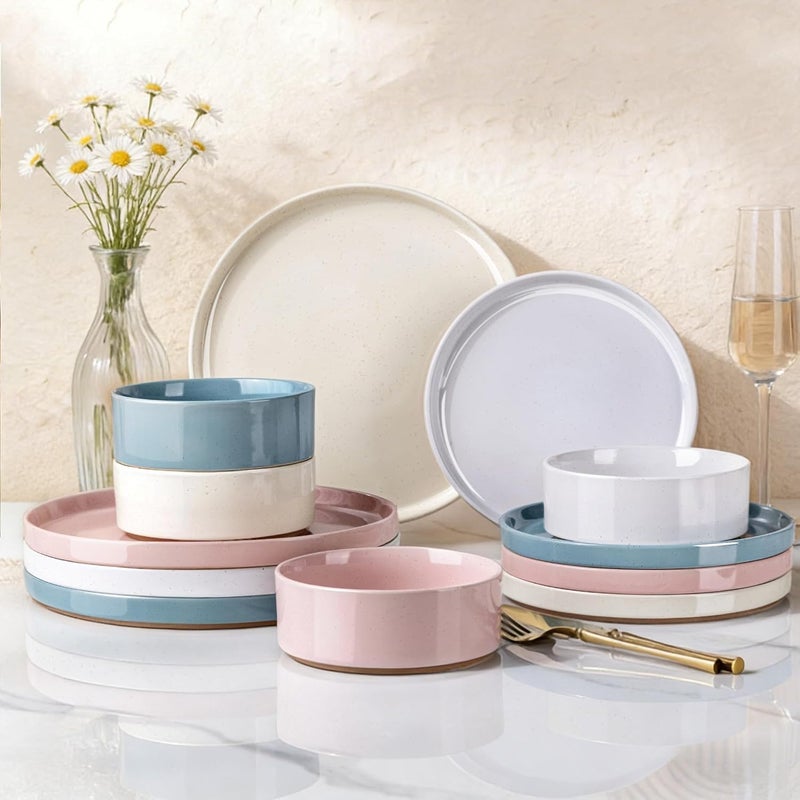 AmorArc Ceramic Dinnerware Set for 4 | Handpainted Stoneware Plates and Bowls with Rustic unglazed terracotta | Scratch Resistant, Dishwasher & Microwave Safe Dishes Sets- 12-Pcs Colorful - Image 1