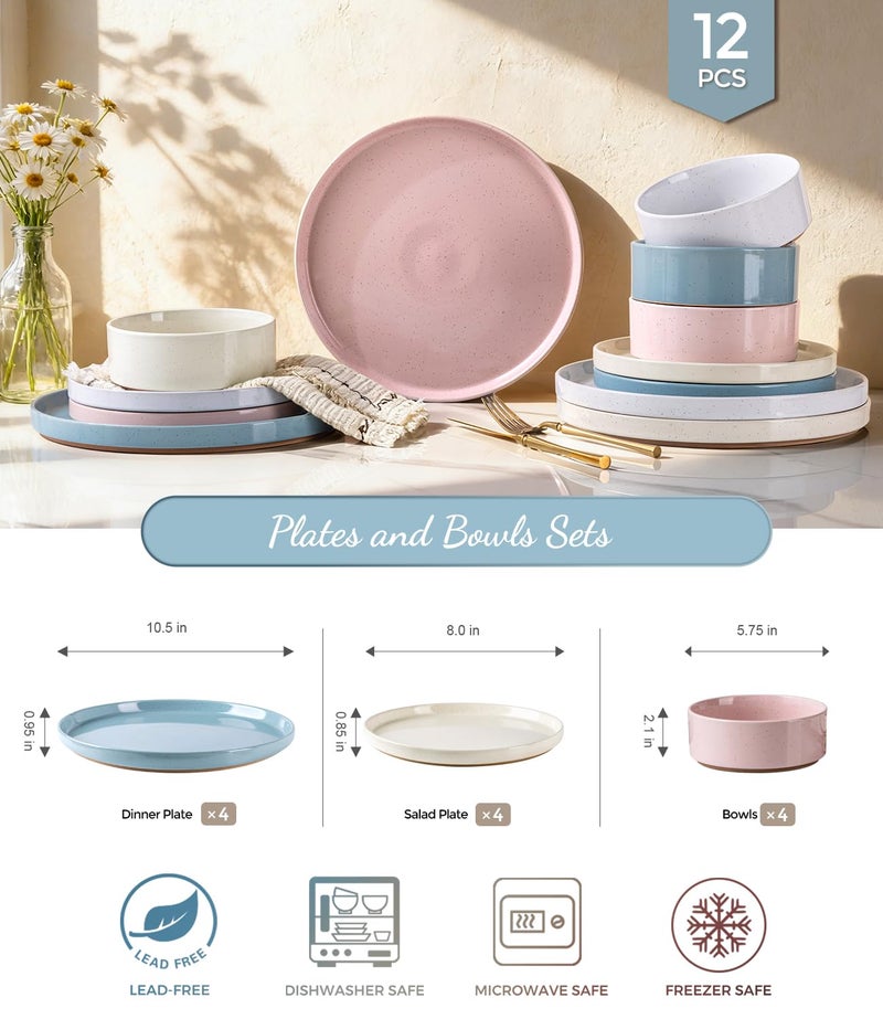 AmorArc Ceramic Dinnerware Set for 4 | Handpainted Stoneware Plates and Bowls with Rustic unglazed terracotta | Scratch Resistant, Dishwasher & Microwave Safe Dishes Sets- 12-Pcs Colorful - Image 2