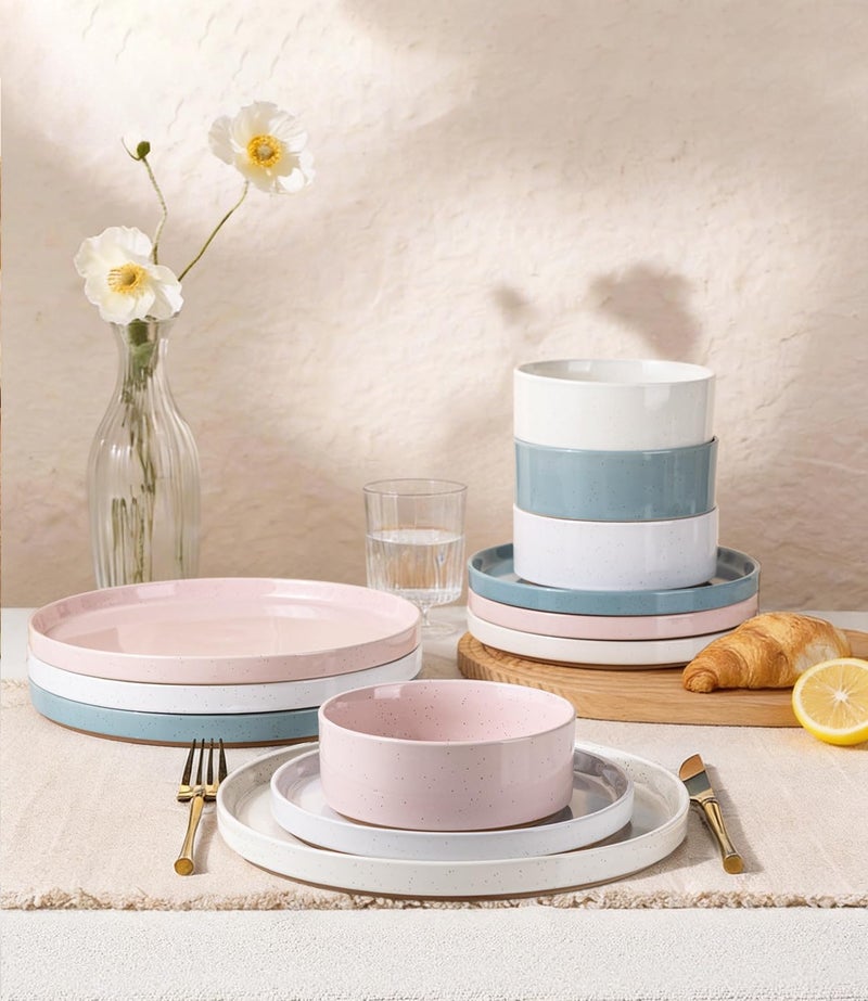 AmorArc Ceramic Dinnerware Set for 4 | Handpainted Stoneware Plates and Bowls with Rustic unglazed terracotta | Scratch Resistant, Dishwasher & Microwave Safe Dishes Sets- 12-Pcs Colorful - Image 3