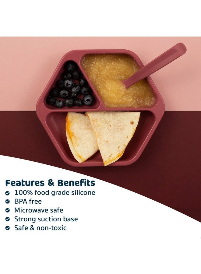 Tiny Twinkle Silicone Suction Baby Plate Suction Grip Divided Dish For First Foods And Self Feeding Toddlers Baby Led Weaning Supplies For Independent Eating (Burgundy Plate With Lid)  - Image 4
