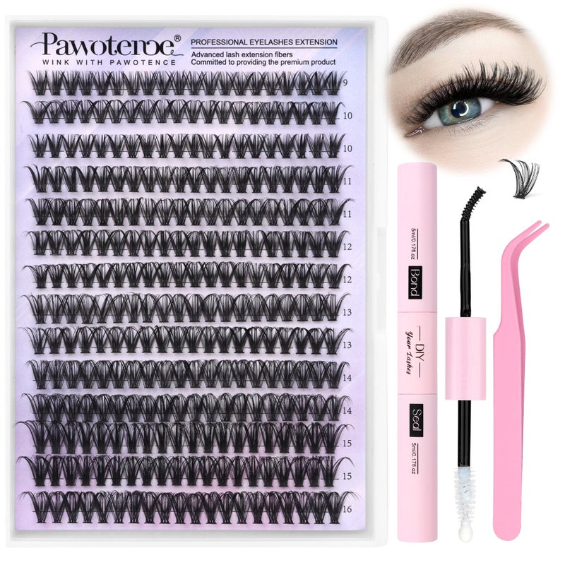Pawotence Lash Clusters Kit 40D Individual Lashes Extension Kit DIY 280pcs 916mm Cluster Eyelash Extension Kit with Lash Bond and Seal Lash Tweezers for Self Use 40D 007D 916mm Kit