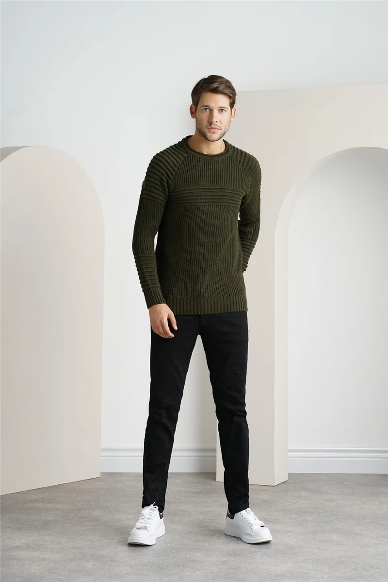 Cool Tarz Cool Style Men's Khaki Ribbed Crew Neck Knitwear SWEATER-TRZCM28888R12S