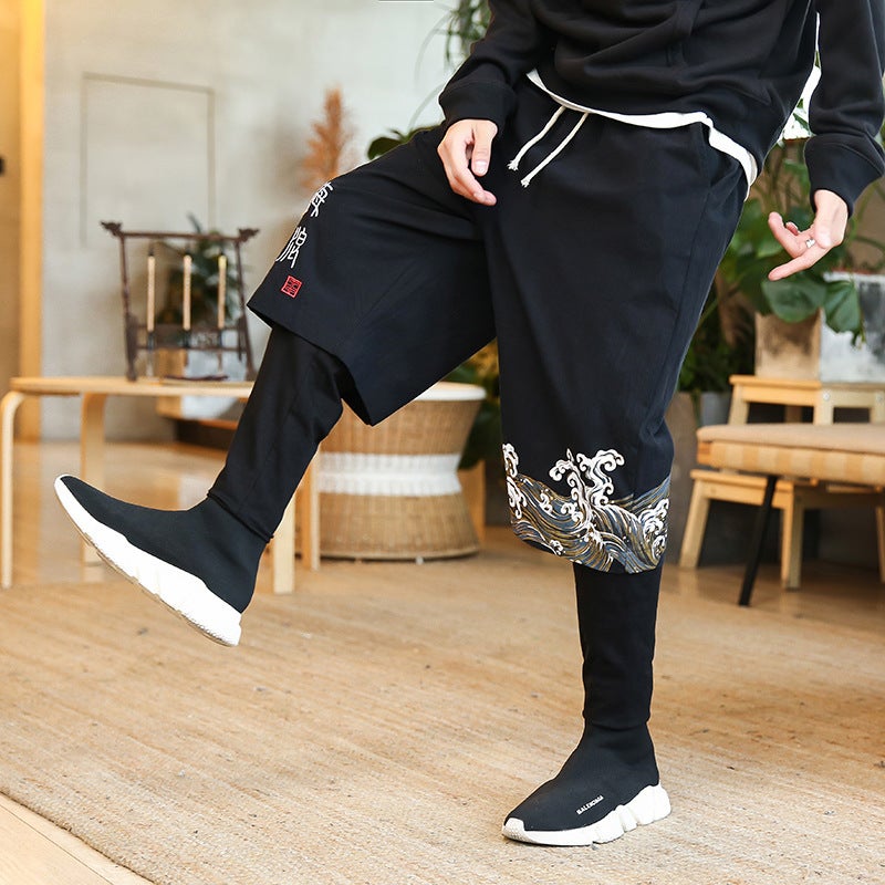 Selling 2019 Autumn New Chinese Style Large Size Retro Wave Printed Fake Two-Piece Trousers - Image 3